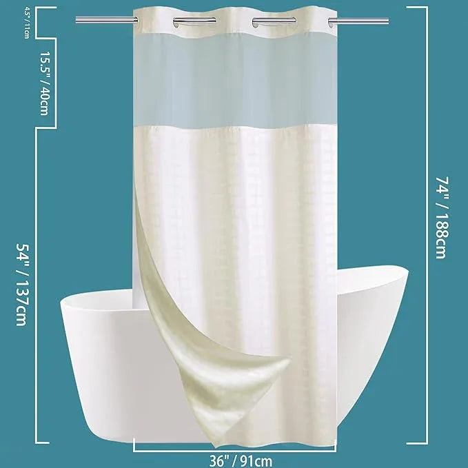 Conbo Mio Stall No Hook Shower Curtain with Snap in Liner Set, Hotel Luxury Beige Shower Curtains for Bathroom with See Through Top Window, Waterproof, Washable 36W x 74H - ModernBath
