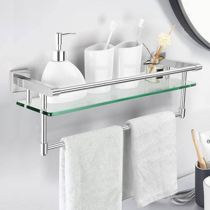 Glass Bathroom Shelf with Towel Bar, Stainless Steel Tempered Towel bar/Track Glass Bathroom Shelves Wall Mount Over The Toilet (Brushed Nickel, 20-inch) - ModernBath