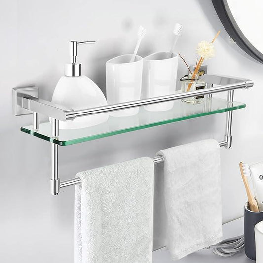 Glass Bathroom Shelf with Towel Bar, Stainless Steel Tempered Towel bar/Track Glass Bathroom Shelves Wall Mount Over The Toilet (Brushed Nickel, 20-inch) - ModernBath