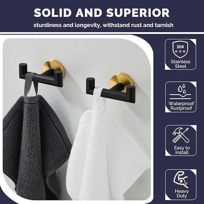 Angle Simple Towel Double Hook Black & Gold, 2 PCS Stainless Steel Bathroom Towel Holder, Dual Robe Coat Hook for Wall - ModernBath
