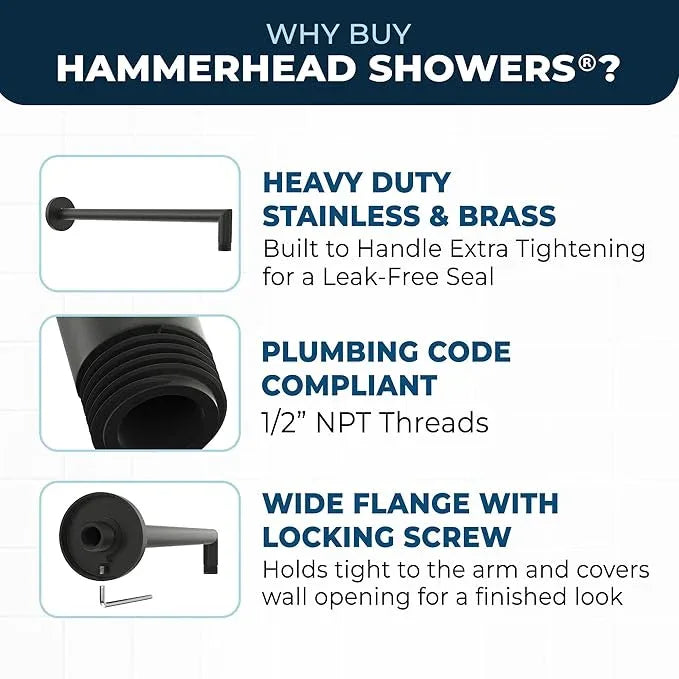 HammerHead Showers® Solid Metal 16 Inch Extended Shower Arm and Flange with Set Screw, Long Shower Arm, Extends Rain Shower Overhead, Wall-Mounted Rain Shower Arm, Matte Black - ModernBath