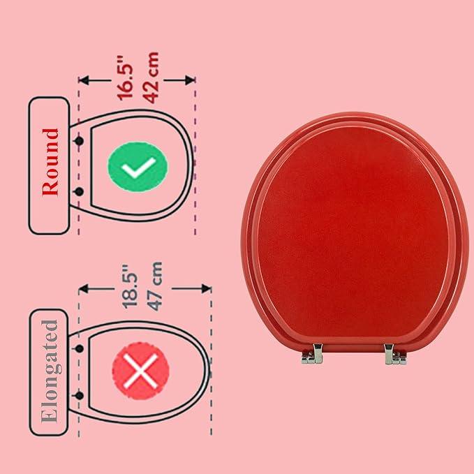 BLOFDE Round Toilet Seat Wood Toilet Seat Prevent Shifting with Zinc Alloy Hinges American Standard Size Toilet Seat Easy to Install also Easy to Clean (Round,Sparkling Christmas Red) - ModernBath