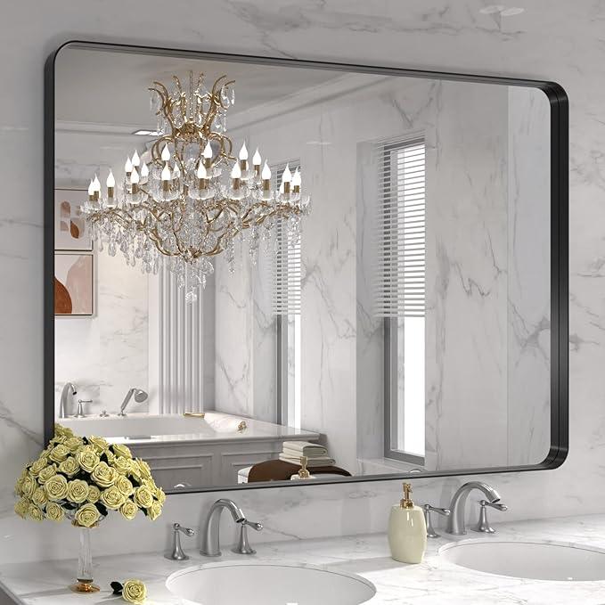 LOAAO 48X32 Inch Black Metal Framed Bathroom Mirror for Wall, Matte Black Bathroom Vanity Mirror Farmhouse, Large Rounded Rectangle Mirror, Anti-Rust, Tempered Glass, Hangs Horizontally or Vertically - ModernBath
