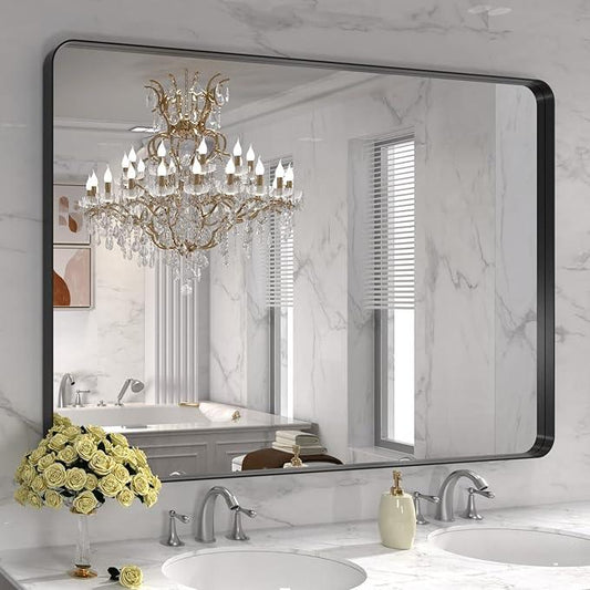 LOAAO 48X30 Inch Black Metal Framed Bathroom Mirror for Wall, Matte Black Bathroom Vanity Mirror Farmhouse, Large Rounded Rectangle Mirror, Anti-Rust, Tempered Glass, Hangs Horizontally or Vertically - ModernBath