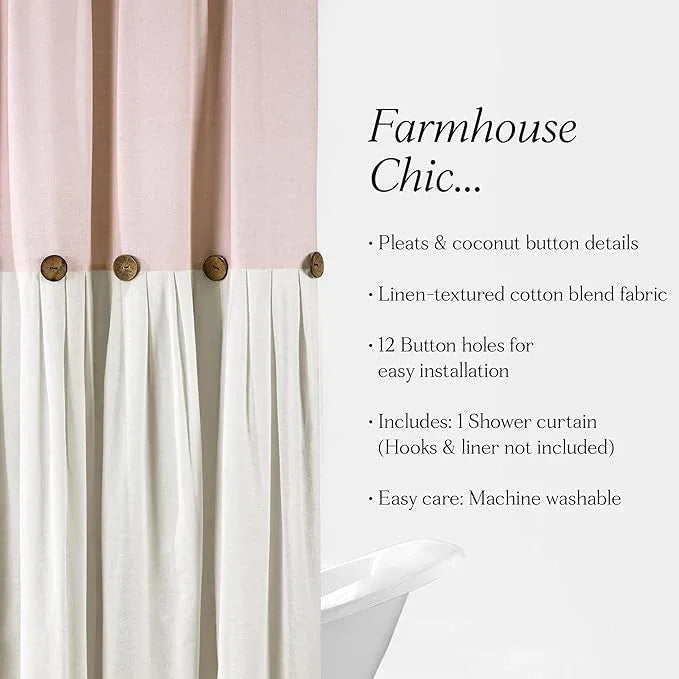 Lush Decor Linen Button Shower Curtain, 72" W x 72" L, Blush & Off White - Pink Bathroom Curtain - Fabric Shower Curtains - Farmhouse Bathroom Decor - ModernBath