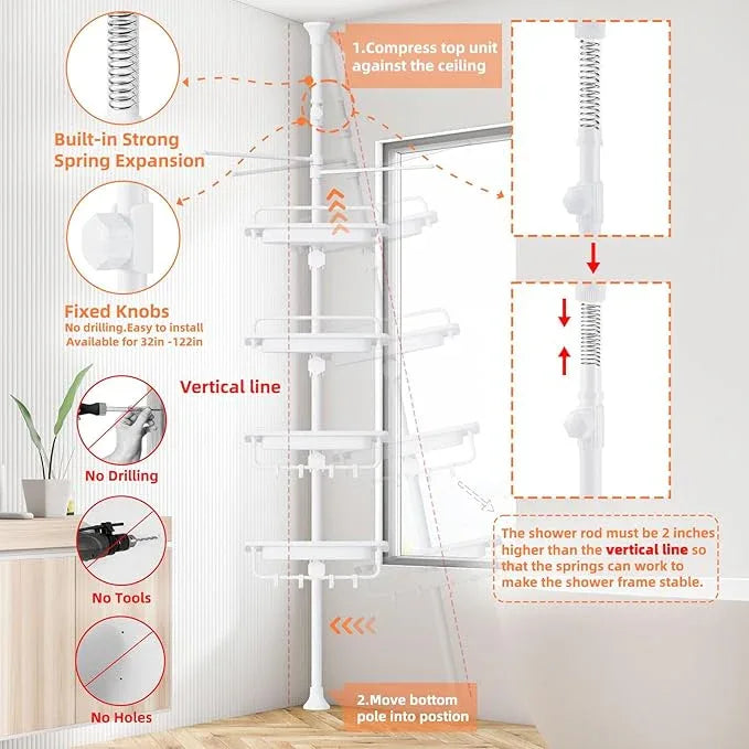 32-122inch Corner Shower Caddy Tension Pole All White, Rustproof Drill-Free Shower Shelves for Bathroom Bathtub Washbasin, Adjustable Shower Organizer with 4 Tier Patent Shelves & Towel Bars - ModernBath