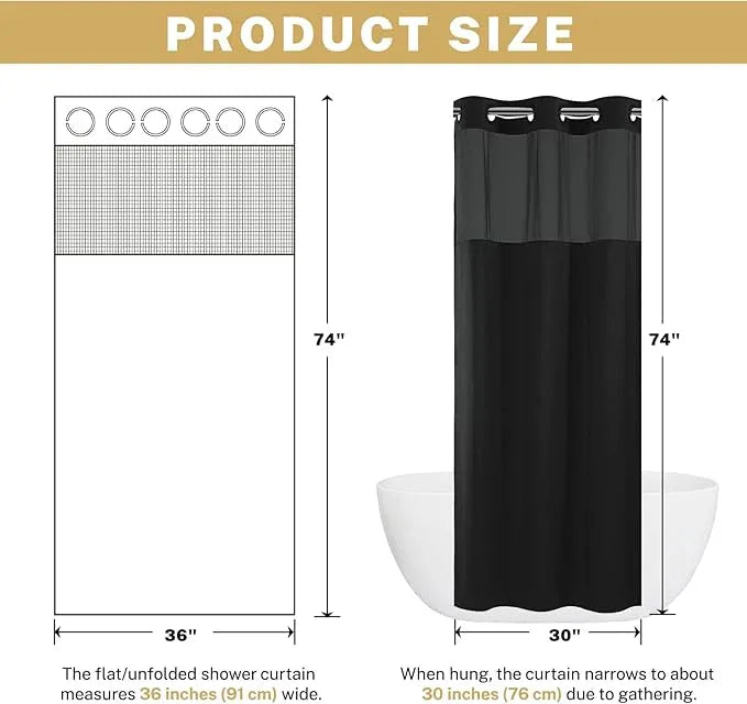 WONICY No Hook Small Shower Curtain with Snap in Liner, Polyester Textured Shower Curtain with Liner Set, Waterproof Washable Short Shower Curtains for Stall, 36Wx74H, Black - ModernBath