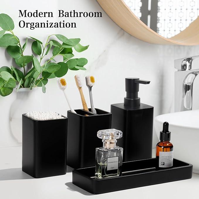 YMXYJM Bathroom Accessories Set, 4 Pcs Bathroom Accessory Set, Soap Dispenser, Toothbrush Holder, Qtip Holder Set, Bathroom Sets Complete, Bathroom Sink Set for Modern Home,Matte Black - ModernBath
