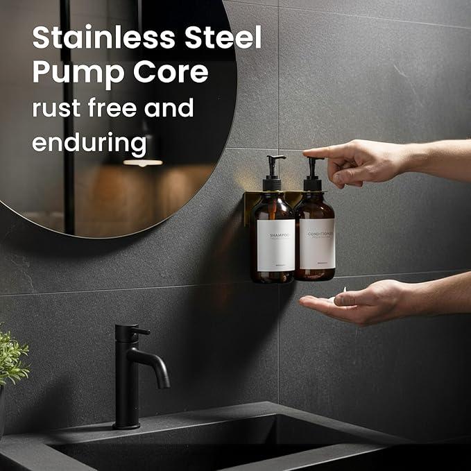 MaisoNovo Shampoo and Conditioner Dispenser - Shower Soap Dispenser Wall Mounted - 16.9 fl oz Set of 2 Amber Plastic Bottles Black Pump - 2 Chamber No Drill - ModernBath