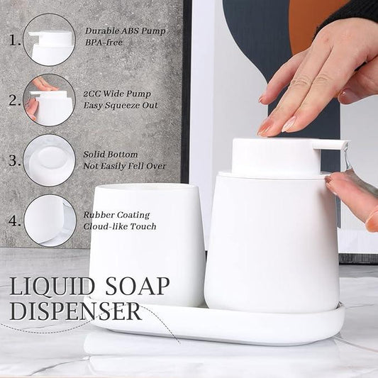 BosilunLife White Bathroom Accessory Set - 3 pcs Ceramic Bathroom Soap Dispenser Set Farmhouse Bathroom Decor Sets Accessories, Soap Dispenser and Toothbrush Holder, Tray (White Set - Liquid Pump) - ModernBath