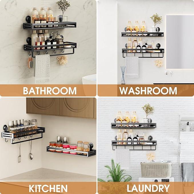CIBOTIES Shower Caddy Suction Cup, 15.8 inch 2 Pack Suction Shower Shelf with Hooks NO-Drilling Bathroom Holder, Rustproof Bathroom Organizer, Black,Includes 2 Extra Suction Cups for Replacement Use - ModernBath