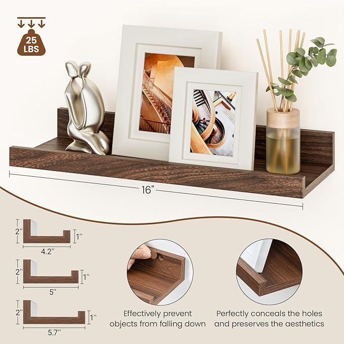 Heimlove Floating Shelves Set of 6, 16" Wall Mounted Picture Ledge, Display Shelf Organizer for Decor Storage, Wall Mounted Shelves for Living Room, Bedroom, Bathroom, Kitchen (Walnut) - ModernBath