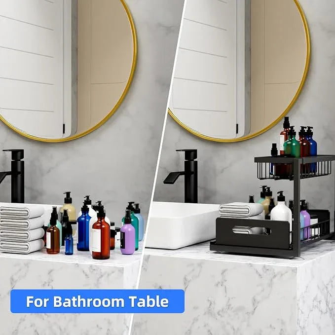 2-Tier Under Sink Slide Out Organizer, Pull Out Cabinet Storage Shelf with Sliding Wire Basket Drawer for Bathroom Kitchen, Countertop or Pantry Shelf, Black - ModernBath