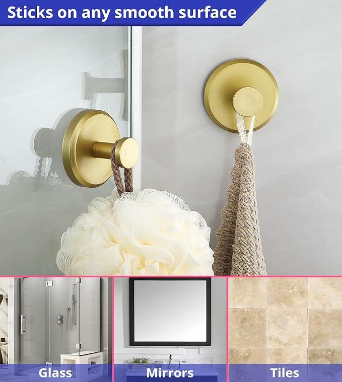 HOME SO Suction Cup Hooks for Shower, Bathroom, Kitchen, Glass Door, Mirror, Tile – Loofah, Towel, Coat, Bath Robe Hook Holder for Hanging up to 15 lbs – Waterproof, Matte Brushed Satin Gold (4-Pack) - ModernBath