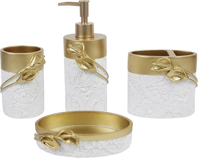 Hymmah Bathroom Accessories Set,Golden Design Toothbrush Holder,Farmhouse Bathroom Decor,4 Pcs Resin Gift Set Apartment Necessities, Contain Toothbrush Cup,Soap Dispenser,Soap Dish,Tumbler - ModernBath