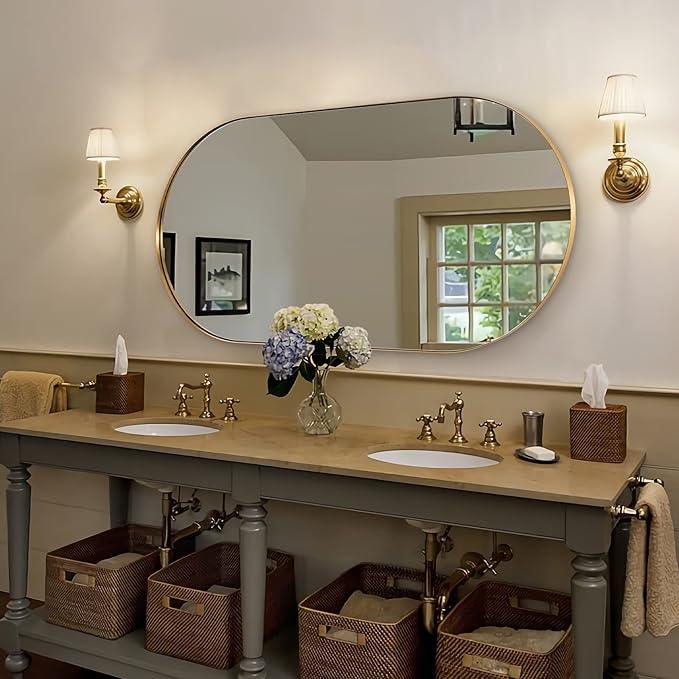 ANDY STAR Gold Bathroom Mirror 60 x 30 Inch, Full Length Mirror, Oval Vanity Mirror, Pill Shaped Mirror in Stainless Steel 1’’ Deep Wall Mounted Vertical/Horizontal - ModernBath