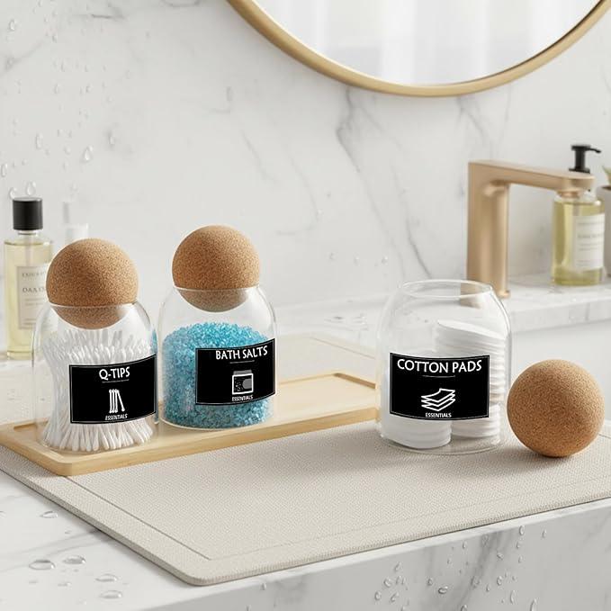 3PCS Qtip Holder for Bathroom Set, 17oz Glass Apothecary Jars with Cork Lids and Tray, Cotton Ball and Swab Holder, Bathroom Containers Organizers and Storage with 9 Labels - ModernBath