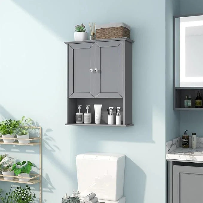 Grey Wall Mounted Bathroom Cabinet 24x30 Inch Wooden Over Toilet Storage Cabinet with 2 Doors, Above Toilet Medicine Cabinets for Bathroom Laundry Room Bedroom Kitchen - ModernBath