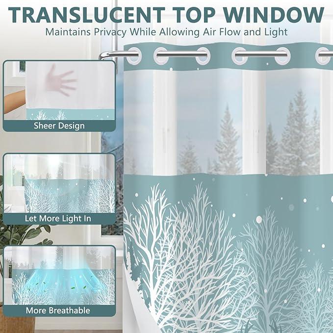 TQUQOBU No Hook Reindeer Christmas Shower Curtain with Snap in Liner, Waterproof Winter Shower Curtain with Sheer Top Window, Snowy Forest Holiday Shower Curtains for Bathroom, 71x74 Inches - ModernBath