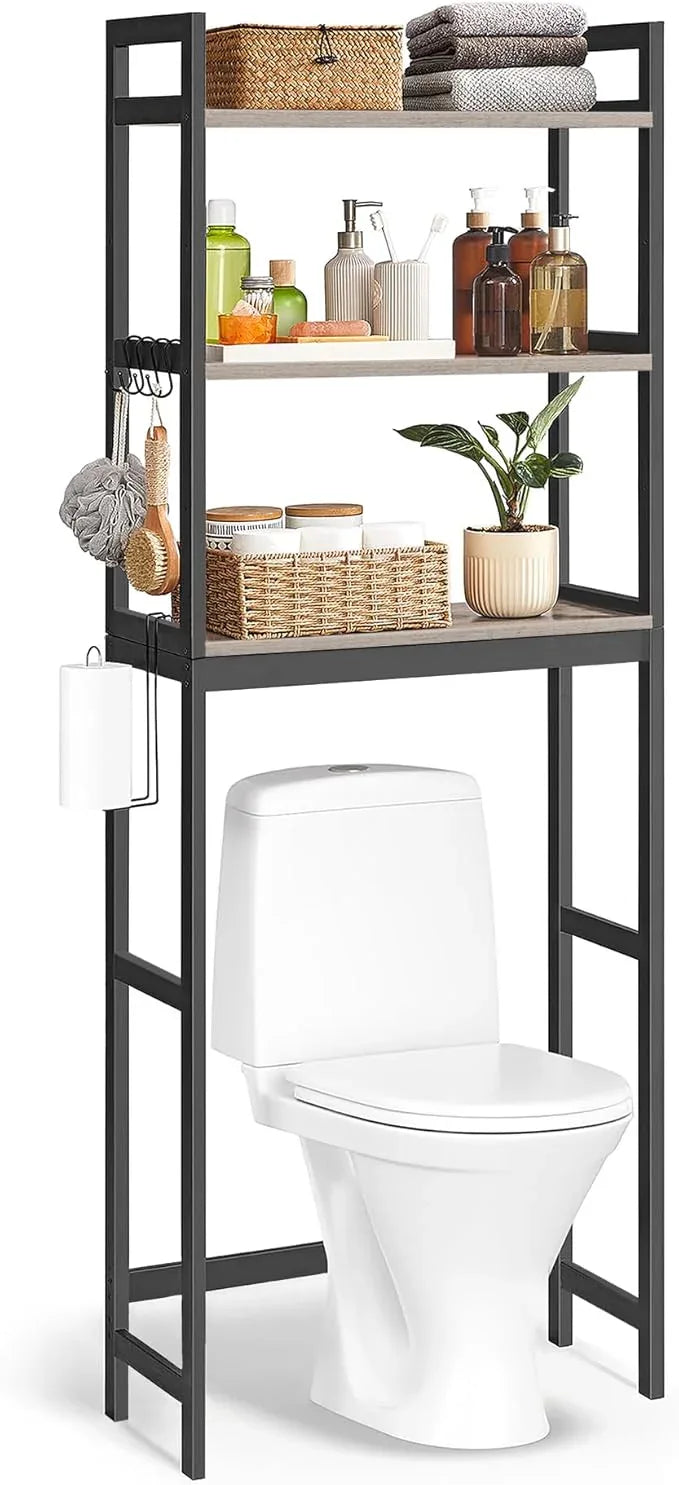 SONGMICS Over-The-Toilet Storage, 3-Tier Bathroom Organizer Over Toilet with Adjustable Shelves, Hooks, Bamboo, Freestanding Space Saver Bathroom Shelves, Heather Greige and Ink Black UBTS012W01 - ModernBath