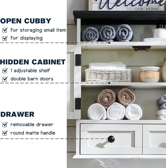 ACCOHOHO Bathroom Wall Cabinet, Farmhouse 24" Wide Medicine Cabinet with Drawer, Adjustable Shelf, Double Barn Doors, Storage Cabinets for Bathroom, Kitchen, Living Room, Off White - ModernBath