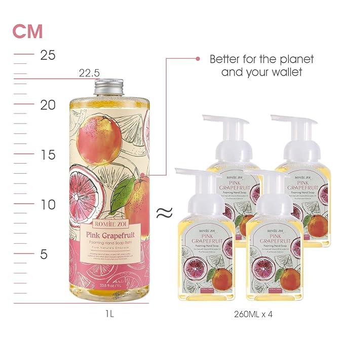 ROMIIE ZOI Foaming Hand Soap Refill Gift Set – 3 Pack *33.8 Fl Oz with Dispenser, Pink Grapefruit Scent–Moisturizing, Biodegradable & Chemical-Free Formula for Bathroom, Kitchen, Sensitive Skin - ModernBath
