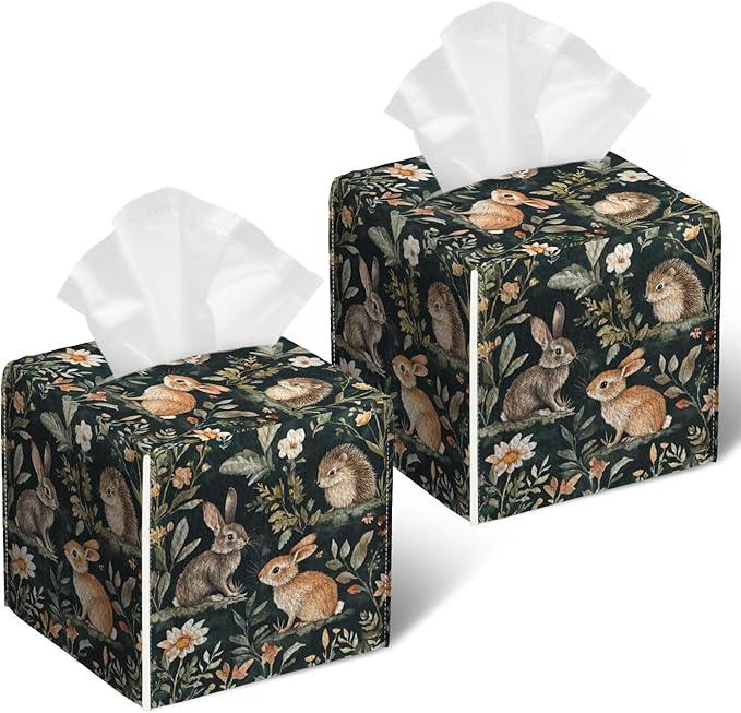 Woodland Animal Tissue Box Cover 2PCS, Rabbit Hedgehog Leather Tissue Box Holder Square Facial Paper Case Tissue Box Cube Organizer for Bathroom Bedroom Desk Office - ModernBath