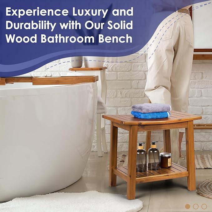 Upolana Teak Shower Bench, 20" Solid Wood Shower Stool Waterproof Shower Seat with Storage Shelf for Bathroom, Indoor & Outdoor Use - ModernBath