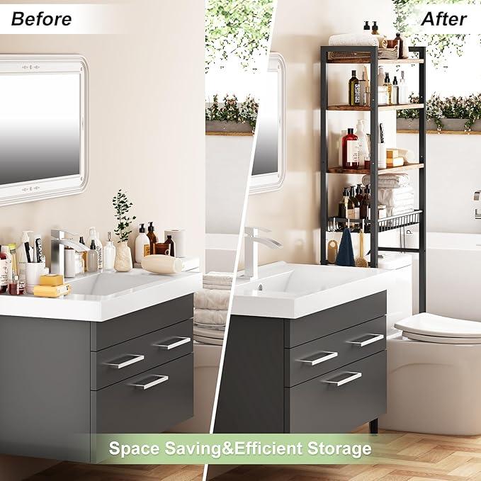 Over-The-Toilet Storage Rack, 4-Tier Bathroom Organizer Shelf Over Toilet with Adjustable Shelf and Basket, Freestanding Space Saver Bathroom Shelves Above Toilet for Room (Vintage Brown) - ModernBath
