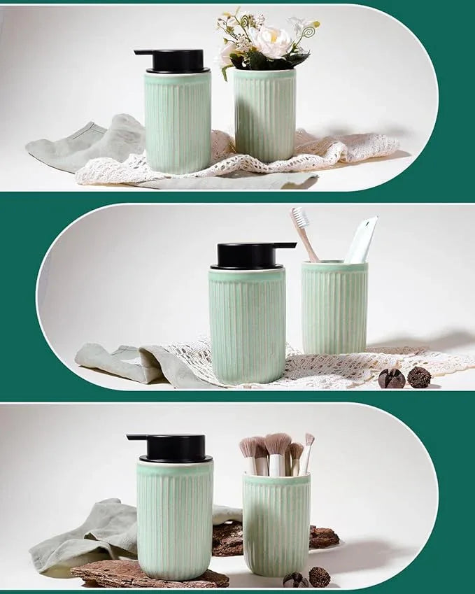 BosilunLife Dish Hand Soap Dispenser - Liquid Pump Soap Dispenser for Bathroom Deco Light Green 12oz Ceramic Kitchen Dish Dispenser with Rust-Proof Liquid Pump Modern Refillable Lotion Bottles - ModernBath