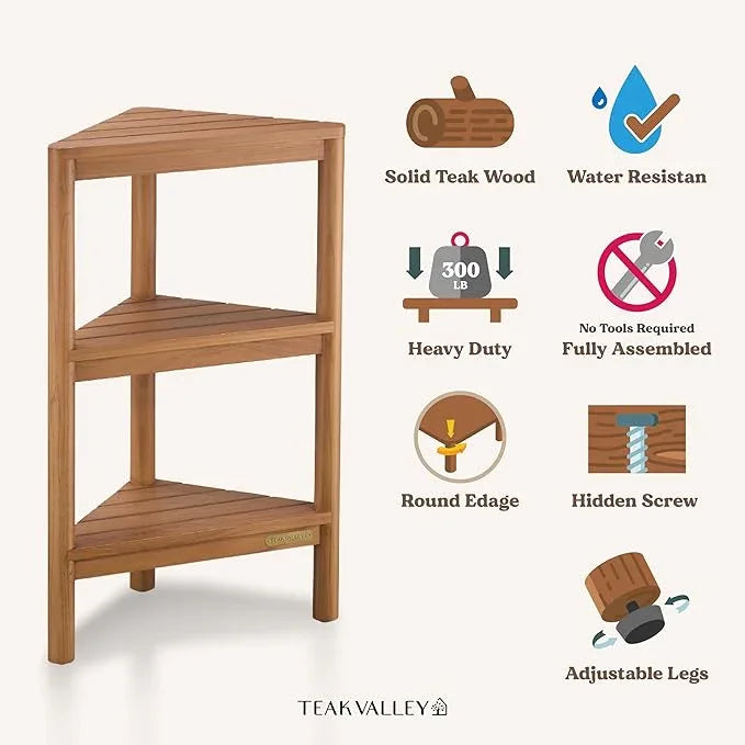 TEAK VALLEY Fully Assembled Teak Corner Bath Shower Storage Stand, Corner Shelves, Shower Caddy 26.5" - ModernBath