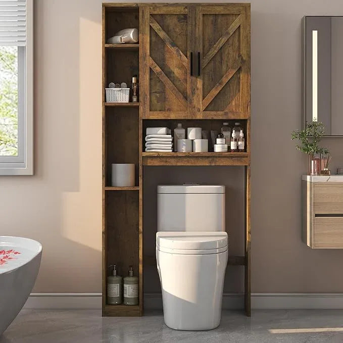 Over The Toilet Storage Cabinet with 7 Storage Shelves, Above Toilet Bathroom Organizer with Toilet Paper Holder Stand, Behind Toilet Cabinet, Space Saver for Restroom, Bathroom, Laundry, Brown - ModernBath