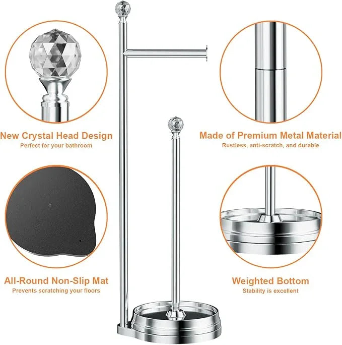 Toilet Paper Holder for Bathroom, Heavy Weighted Metal Free Standing Toilet Paper Holder Stand with Crystal Ball, Toilet Paper Roll Stand for Bathroom Accessories - ModernBath