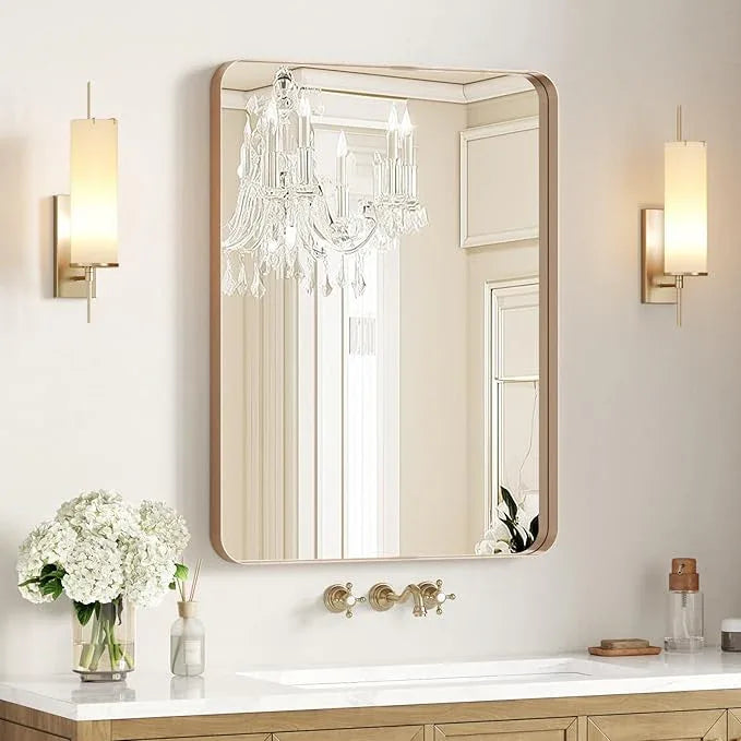 USHOWER Gold Bathroom Mirror 24"x36", Brushed Gold Rounded Rectangle Mirror for Over Sink, Aluminum Frame, Anti-Rust, Tempered Glass, Horizontal or Vertical Mounted - ModernBath