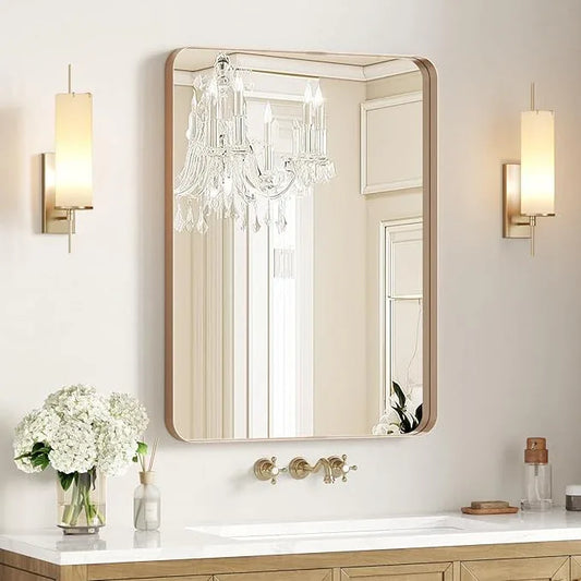 USHOWER Gold Bathroom Mirror 24"x36", Brushed Gold Rounded Rectangle Mirror for Over Sink, Aluminum Frame, Anti-Rust, Tempered Glass, Horizontal or Vertical Mounted - ModernBath