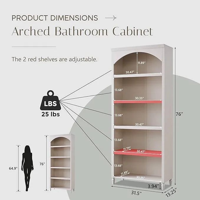 76" Tall Arched Bathroom Storage Cabinet, 5 Tiers Large Farmhouse Arched Cabinet w/Adjustable Shelves, Modern Wooden Storage Cabinet for Bathroom, Living Room, Entryway, Study Room (Cream) - ModernBath