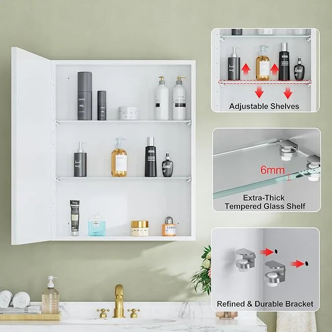 Buruis 24" x 30" Framed Medicine Cabinet with Mirror, Recessed or Wall Mounted Bathroom Cabinet, Adjustable Tempered Glass Shelves, Left/Right Open Reversible, No Assembly Required, White - ModernBath