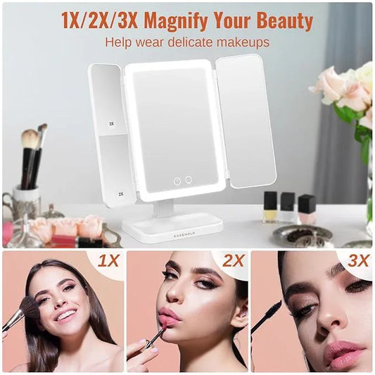 EASEHOLD Lighted Makeup Mirror with 3X Magnification, 3 Color Lights & Touch Sensor - Rechargeable Trifold Vanity Mirror for Travel, Desk, Home Use - ModernBath