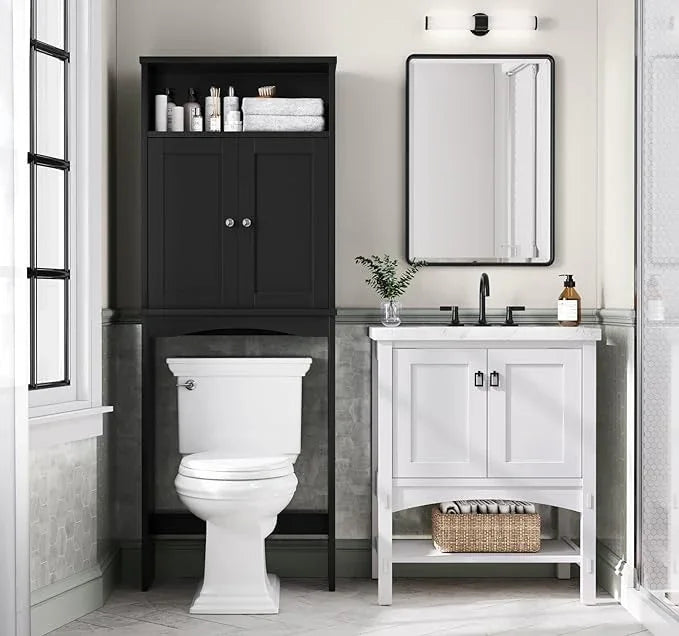 Over The Toilet Storage Cabinet, Over The Toilet Storage with Adjustable Shelf and Double Doors, Above Toilet Storage Cabinet for Bathroom Storage Over Toilet Bathroom Organizer (Black) - ModernBath