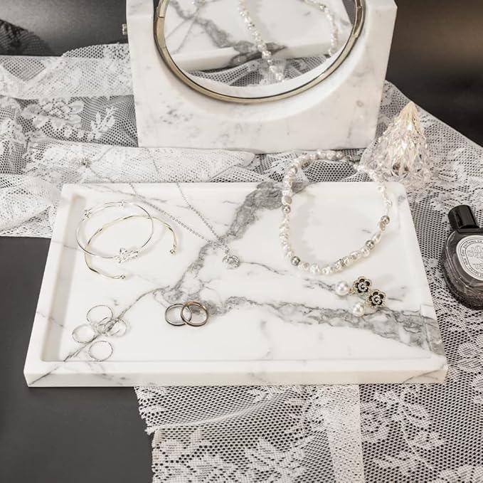 Real Luxurious Natural Marble Vanity Tray Genuine Marble Storage Tray for Home Decor Stone Tray for Bathroom/Kitchen/Vanity/Dresser Non-Resin/(arabescato) - ModernBath