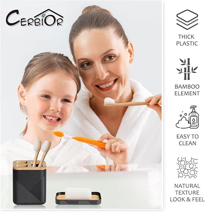 CERBIOR Bathroom Accessories Set 6 Piece Bamboo Bath Ensemble Includes Soap Dispenser, Toothbrush Holder, Toothbrush Cup, Soap Dish for Decorative Countertop and Housewarming Gift (Black) - ModernBath