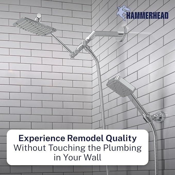 HammerHead® Solid Metal Dual Shower Head Combo — 8" Square Rain Shower Head with Handheld, 12" Adjustable Arm & Wall-Mount Holder for Flexible Installation — Chrome - ModernBath