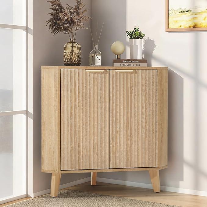 HOMREST Fluted Corner Cabinet with Storage and Power Outlet, Adjustable Shelve, Freestanding Sideboard Buffet Cabinet, Multifunctional Organizer for Living Room Kitchen, Bathroom (Natural) - ModernBath