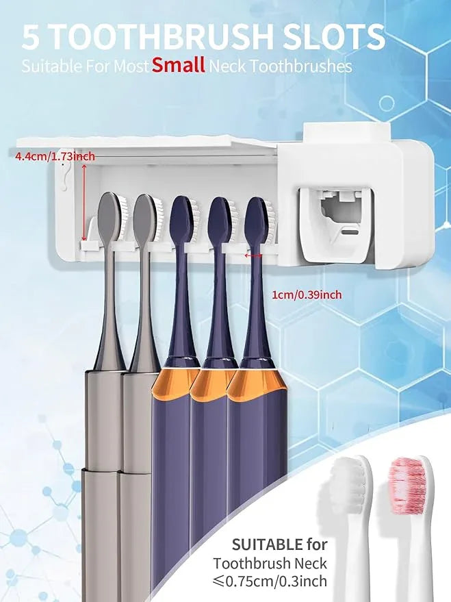 Toothbrush Holders for Bathrooms White Tooth Brush Holder with Toothpaste Dispenser Toothbrush Holder Wall Mounted 5 Toothbrush Slots Storage, Timing, AA Batteries Required - ModernBath