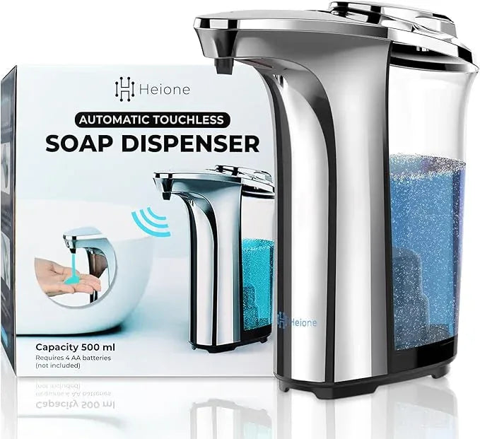 Heione Automatic Soap Dispenser Touchless - Battery Operated Sensor Liquid Soap Pump for Kitchen Sink & Bathroom - Silver Glossy Color, 5 Adjustable Levels, IPX4 Waterproof, 17oz / 500ml - ModernBath