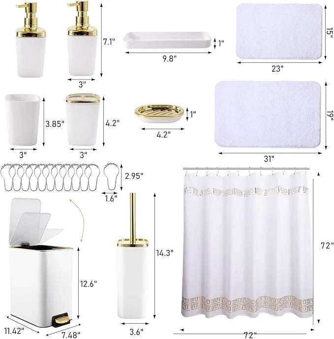 XLHOMO 11PCS Bathroom Sets with Shower Curtain and Rugs Bathroom Accessories Set White Bathroom Set,Soap Dispenser & Toilet Brush Holder Set with Stainless Steel Trash Can - ModernBath