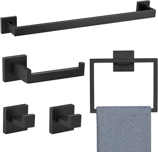 5 Pieces Bathroom Hardware Accessories Set Black Towel Bar Set Towel Holder Racks Set for Bathroom,SUS304 Stainless Steel,Wall Mounted 23.6-Inch - ModernBath