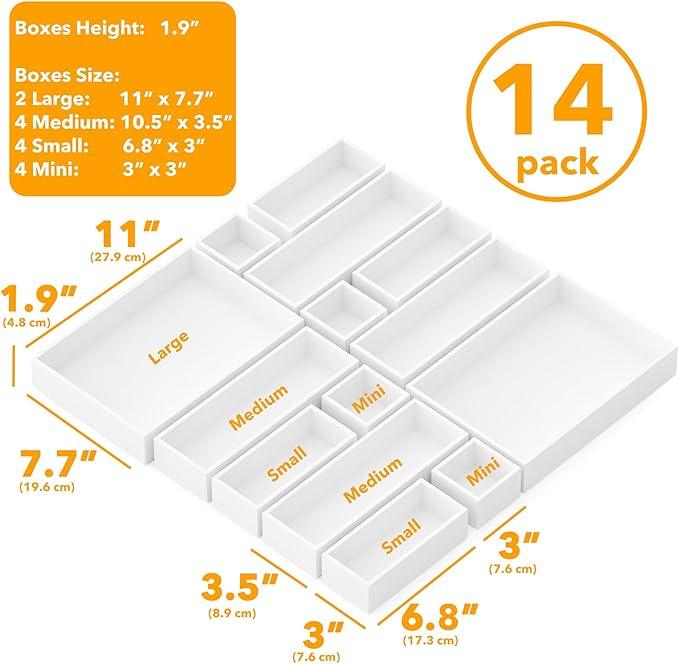 SpaceAid 14-Piece Bamboo Drawer Organizer Storage Boxes Set, Wood Tray Junk Drawer Organizers Multi-Use Divider Bins for Kitchen, Bathroom, Office Desk and Makeup Organization (14 Pack, White) - ModernBath