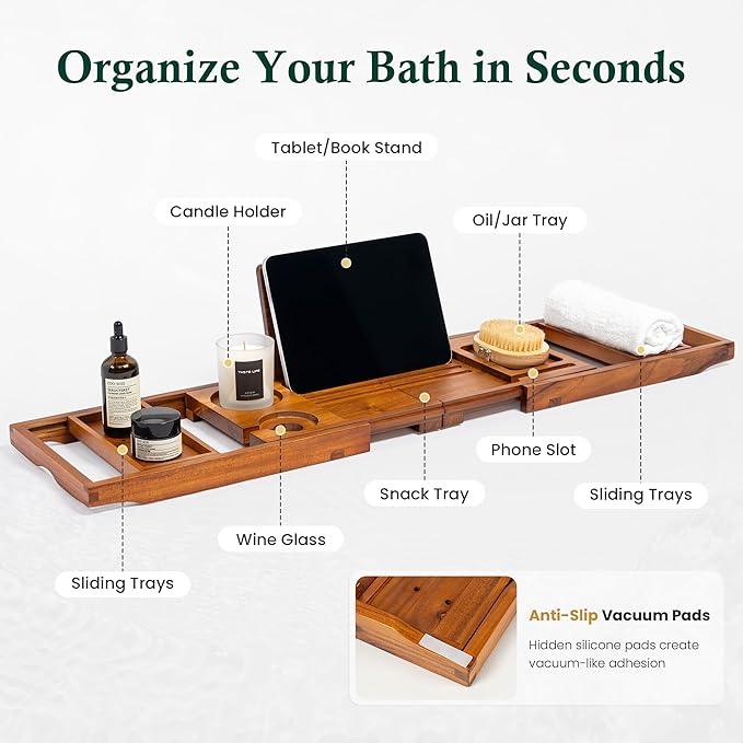 Realgulf Teak Bathtub Tray, Bath Caddy with Wine Glass Holder, Phone Dock & Book Stand | Hands-Free Reading & Ultimate Spa Relaxation Experience-Natural - ModernBath