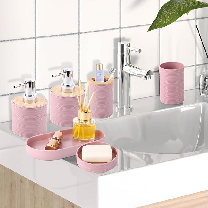 XLHOMO Pink Bathroom Accessories Set, Bathroom Sets with Shower Curtain, Bath Towel Set, Pink Shower Curtain Set with Bathroom Trash Can, Soap Dispenser, Soap Dish for Home Decor - ModernBath